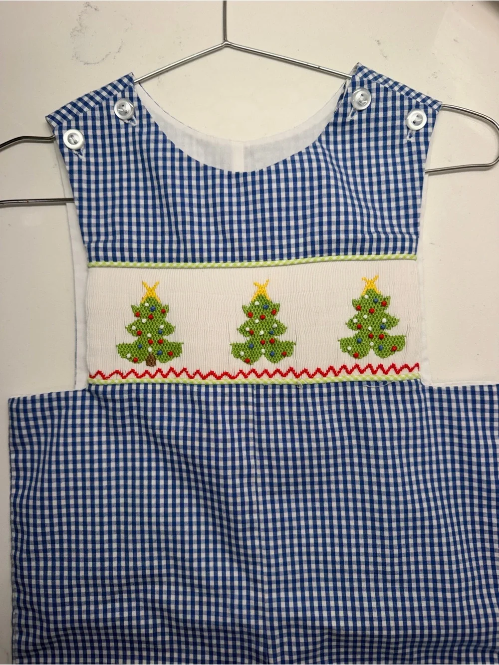 Banana Split Blue Gingham Smocked Outfit with Holiday Tree Embroidery 9 Months
